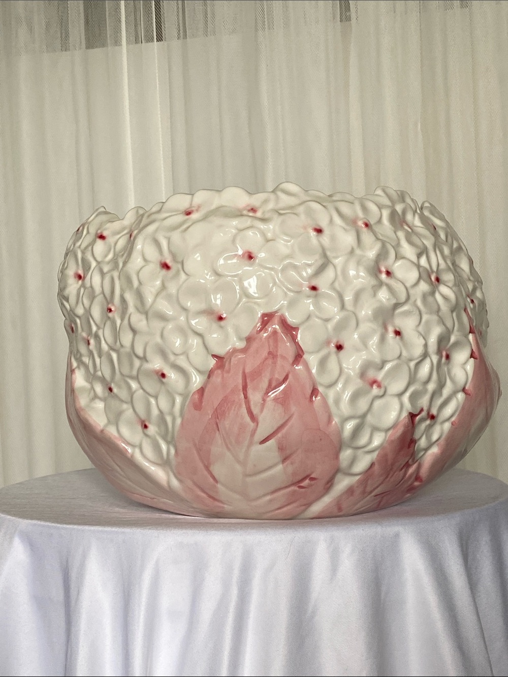 Hand-Painted Pink and White Floral Ceramic Planter From Portugal 🇵🇹